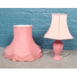 A ceramic table lamp with shade & a large lamp shade.