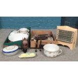 Two boxes of miscellaneous. Vintage Belling & Co electric heater, Carlton ovenware lidded tureen,