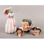 Four Royal Doulton ceramic figures and character jugs. Includes Miss Demure, Athos, Bacchus and Mine