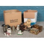 Two boxes of miscellaneous. Manor collectables British Bulldog figure, Pewter tankards, Bass & Co