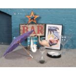 A quantity of miscellaneous. Light up bar sign, 'See you later Alligator' metal sign, large