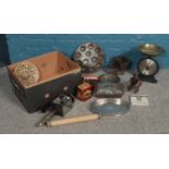 A box of mostly metalwares. Comprising of vintage baking tins, salter weighing scale, keys and a