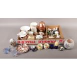 A tray of assorted miniatures. To include a Royal Crown Derby saucer, thimbles, porcelain trinket