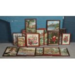 A large collection of framed tapestries, various subjects.