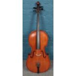 A mid Twentieth Century Reghin ¾ size cello, with ebonised pegs. Stamped 'Made in Rumania, Reghin'