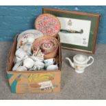 A box of miscellaneous. Includes boxed Chinese teapot, Wedgwood Aztec teawares, Shinto China, framed
