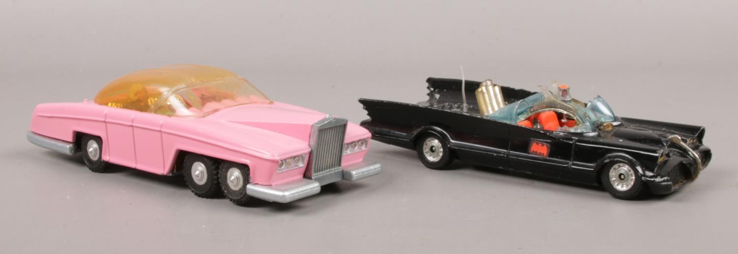 Two diecast vehicles. Corgi Batmobile & Dinky Fab 1 Lady Penelope's Thunderbirds car. damage to