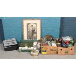 Three boxes of miscellaneous. Including glass demijohns, antique print titled 'Wedded', sewing