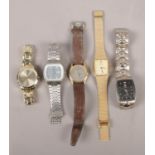 Five men's quartz wristwatches, including Seiko, Pulsar and Rotary examples.