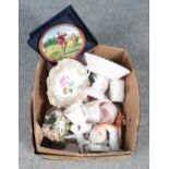 A box of miscellaneous. Includes Victorian and 19th century ceramics, Royal Worcester golfing plate,