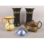 A collection of miscellaneous. A pair of Royal Staffordshire pottery vases, Copper lustre teapot,