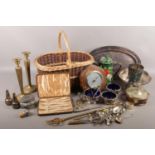 A box of mainly metalwares. Includes silver handled knife, oak pot, basket, brass candlesticks etc.