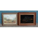 Railway interest - an oil on velvet of a train in the night, together with a framed print titled '