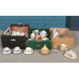 Three boxes of miscellaneous. Assorted cups/saucers- Royal Doulton, Tuscan, Gainsborough, vases etc.