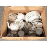 A box of bone china teawares. Includes Foley bone china by Donald Brindley, Sutherland etc.
