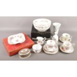 A collection of bone china. Includes Wedgwood, Royal Crown Derby, Royal Albert Lavender Rose etc.