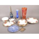 A mixed lot of mostly ceramics and glass. Including silver cigarette case, small collection of Royal