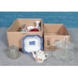 Two boxes of miscellaneous. Vintage glass cake stand, Sadler strawberry two cup tea pot, vases etc