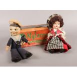 Two vintage dolls: a boxed Myfanwy welsh dressed doll, together with a Queen Elizabeth sailor