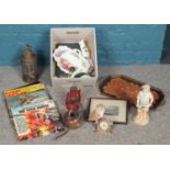 A box of miscellaneous. Including railway style lamps, records, copper watering can, large ceramic