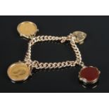 A 9ct gold charm bracelet, with bloodstone and carnelian fob, 9ct gold padlock and 1914 full