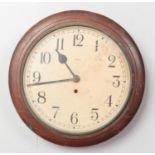 A mahogany cased Enfield school clock, with Arabic numeral markers. Wood loose underneath.