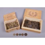 Two wooden boxes of assorted pre decimal coins. To include one pennies dating from 1861 and