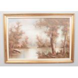 A large oil on canvas of a lake scene, in gilt frame. Signed 'Cafieri' to bottom left. Size of