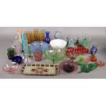A box of coloured glassware. Including White Friars style vase, pedestal bowls, drinking glasses,