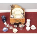 A box of miscellaneous. Including Aynsley, metal teawares, large tray, Royal Venton dinnerwares,