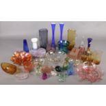 A box of coloured glass. Including pair of large blue vases, White Friars style jugs, dishes,