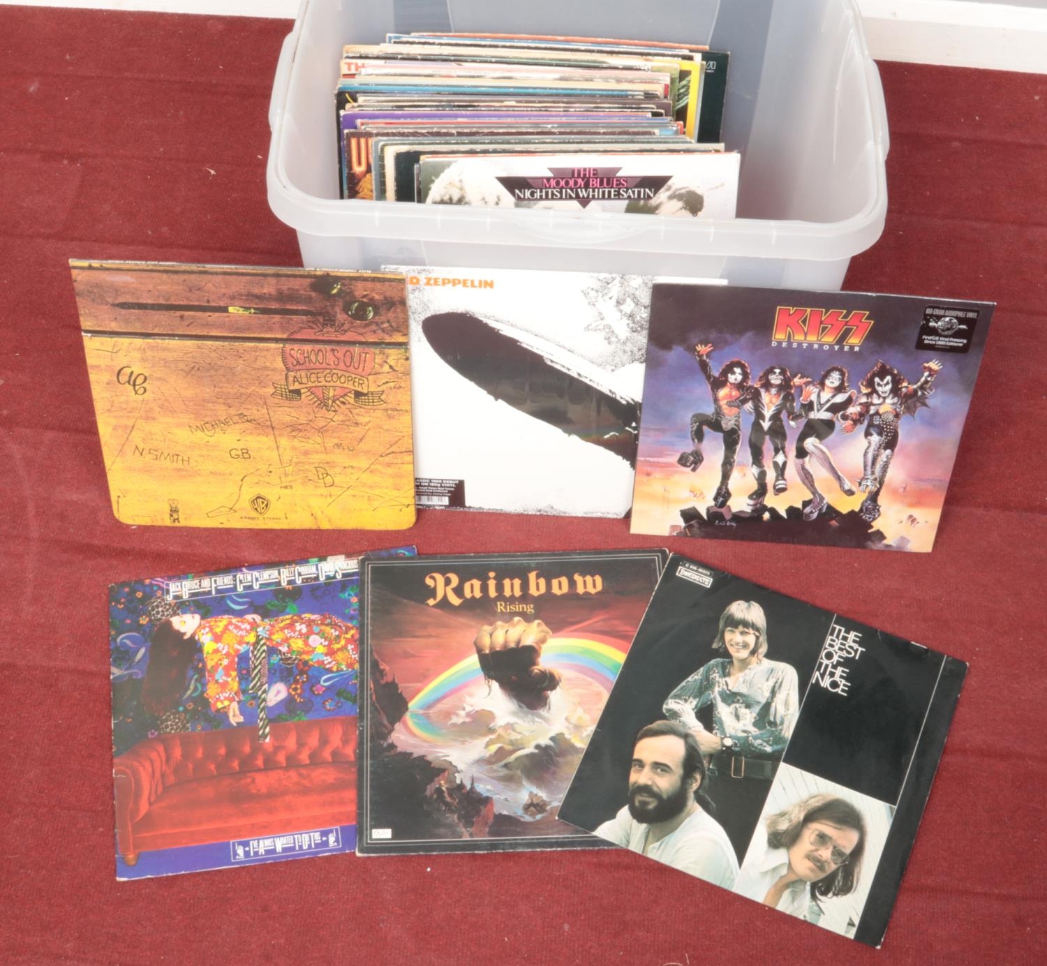 A box of LP records. Includes Led Zeppelin, Kiss, Alice Cooper, The Nice etc.