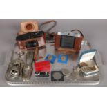 A tray of collectables. Including Agfa camera, coins, Hawk range finder, etc.