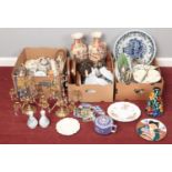 Three boxes of miscellaneous. Including pair of brass candelabra with glass droplets, ceramic