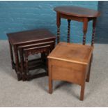 Three pieces of furniture. Includes oak nest of three tables, oak barley twist occasional table