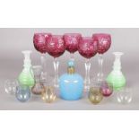 A collection of glassware. To include scent bottle, cranberry flash drinking glasses etc.