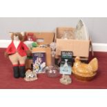 Two boxes of miscellaneous. Ceramic hen lidded bowls, Lilliput Lane house figures, glass decanter