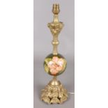 A Moorcroft table lamp. With gold painted stand and column, Hibiscus pattern. Chips to composite