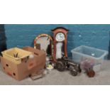 Two boxes of miscellaneous. President pendulum wall clock, Tractor wine bottle holder, trinket boxes