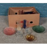 A box of assorted glassware. Vases, pair of candlesticks, dishes etc