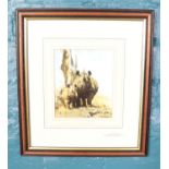 After David Shepherd, framed pencil signed limited edition print. Depicting a Rhino and calf. Also