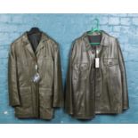 Two Italian Olive Green leather jackets, with tags. Sizes 44 and 50.