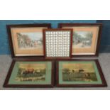 A collection of pictures and framed cigarette cards. Includes a pair of hunting prints, WJ Hulls