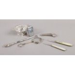 A selection of hallmarked silver and silver plated pieces. To include a Victorian Silver vesta