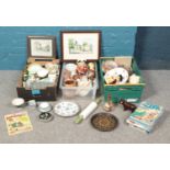 Three boxes of miscellaneous. Including John Rudkin signed print, Royal Winton planter, character