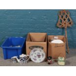 Three boxes of miscellaneous. Vintage carpet beater, Booths plate, cut crystal glassware etc