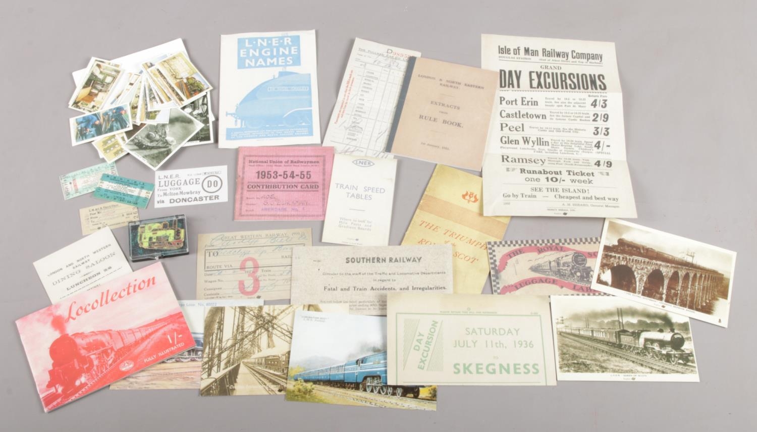 A collection of reproduction railway ephemera. Includes postcards, tickets, booklets etc.