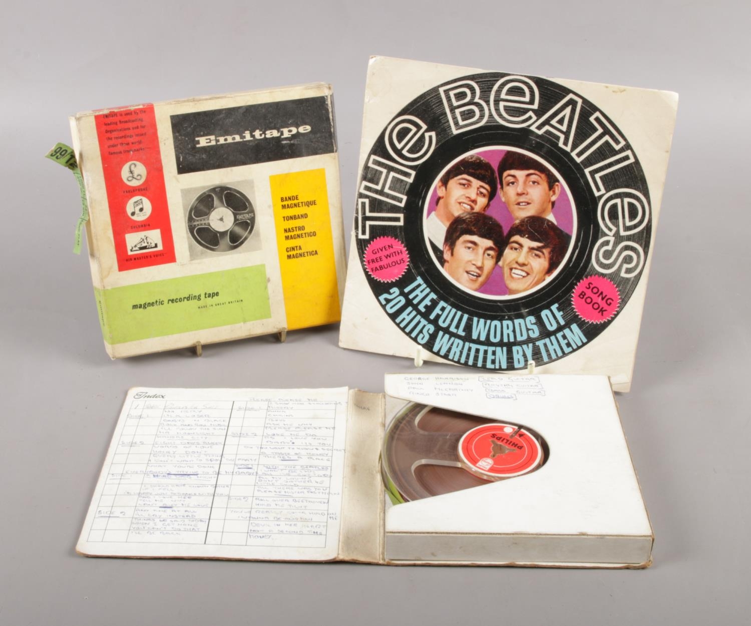 A Beatles Song book and a magnetic tape of a recording of songs from 'The Beatles for Sale' Album.