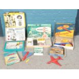 A collection of vintage toys. Including Philips Radio Engineer kit, Tri-ang Minic Aircraft,