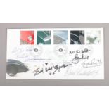 A 1st day cover of stamps signed by actors. To include Roger Moore, Patrick McGoohan, and Roger